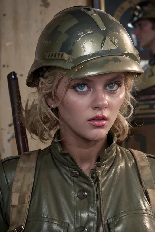 1girl, 1944, sexy female soldier, blonde hair, military, blue eyes, dirty face, (helmet), goggles on helmet, headset, ponytail, military clothes, bulletproof vest, shoulder pads, looking at viewer, serious, close up, WW1, bright lighting, high quality, masterpiece, tugging, malicious look