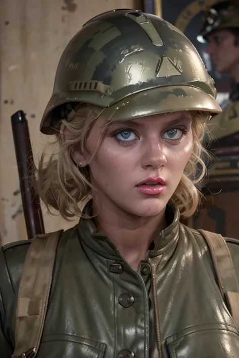 1girl, 1944, sexy female soldier, blonde hair, military, blue eyes, dirty face, (helmet), goggles on helmet, headset, ponytail, ...