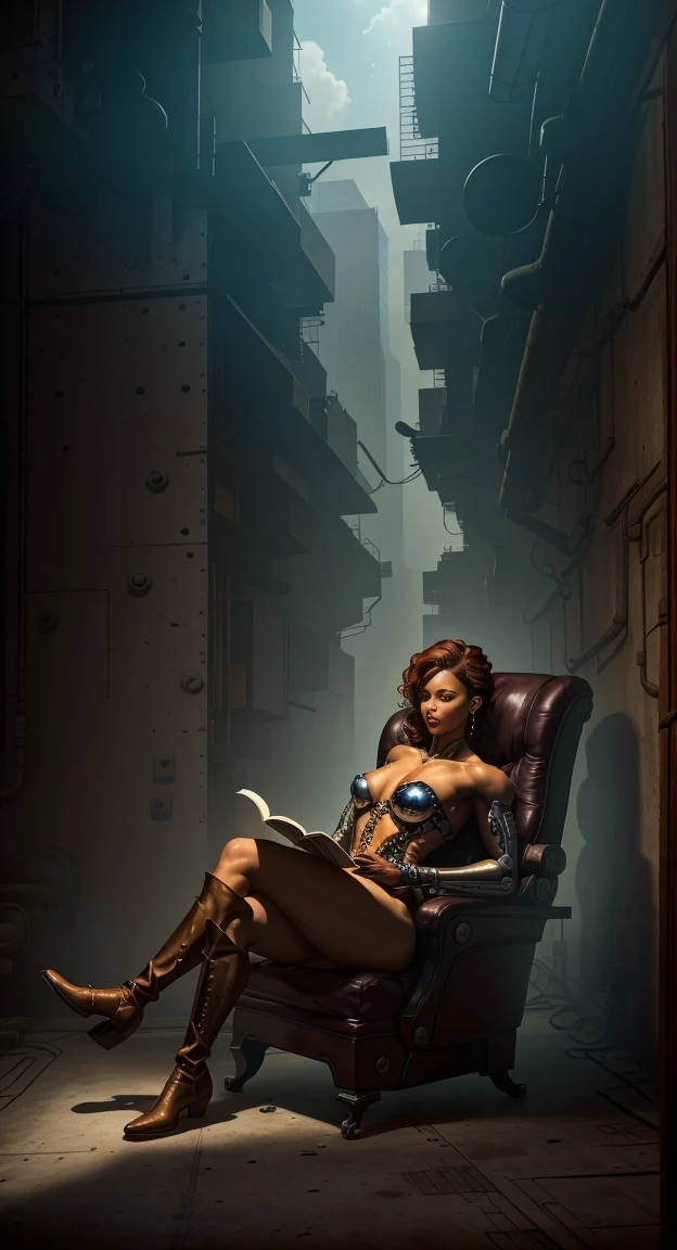 大都市の高層ビルにあるオフィス, サイボーグの女性が豪華な椅子に座って本を読んでいる, 重い男たち&#39;ブーツ, 高品質, 不条理, 傑作, 美しい, 複雑な部品, 1/ボディトリミング2個, 細身の体, 美しい figure, 素晴らしい解剖学, (複雑な部品:1.12), 高解像度, (複雑な部品, ハイパーディテール:1.15), (自然な肌の質感, 超現実的な, やわらかい光, 辛い:1.2)