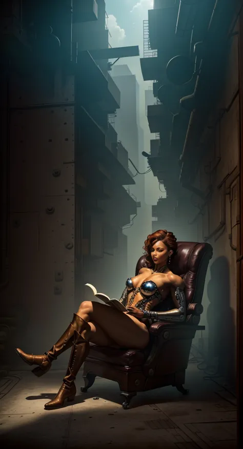 office in a skyscraper in a big city, cyborg woman sits in a luxurious chair and reads a book, Heavy men&#39;s boots, high quali...