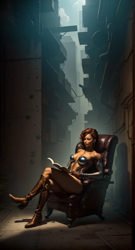 office in a skyscraper in a big city, cyborg woman sits in a luxurious chair and reads a book, heavy men&#39;s boots, high quali...