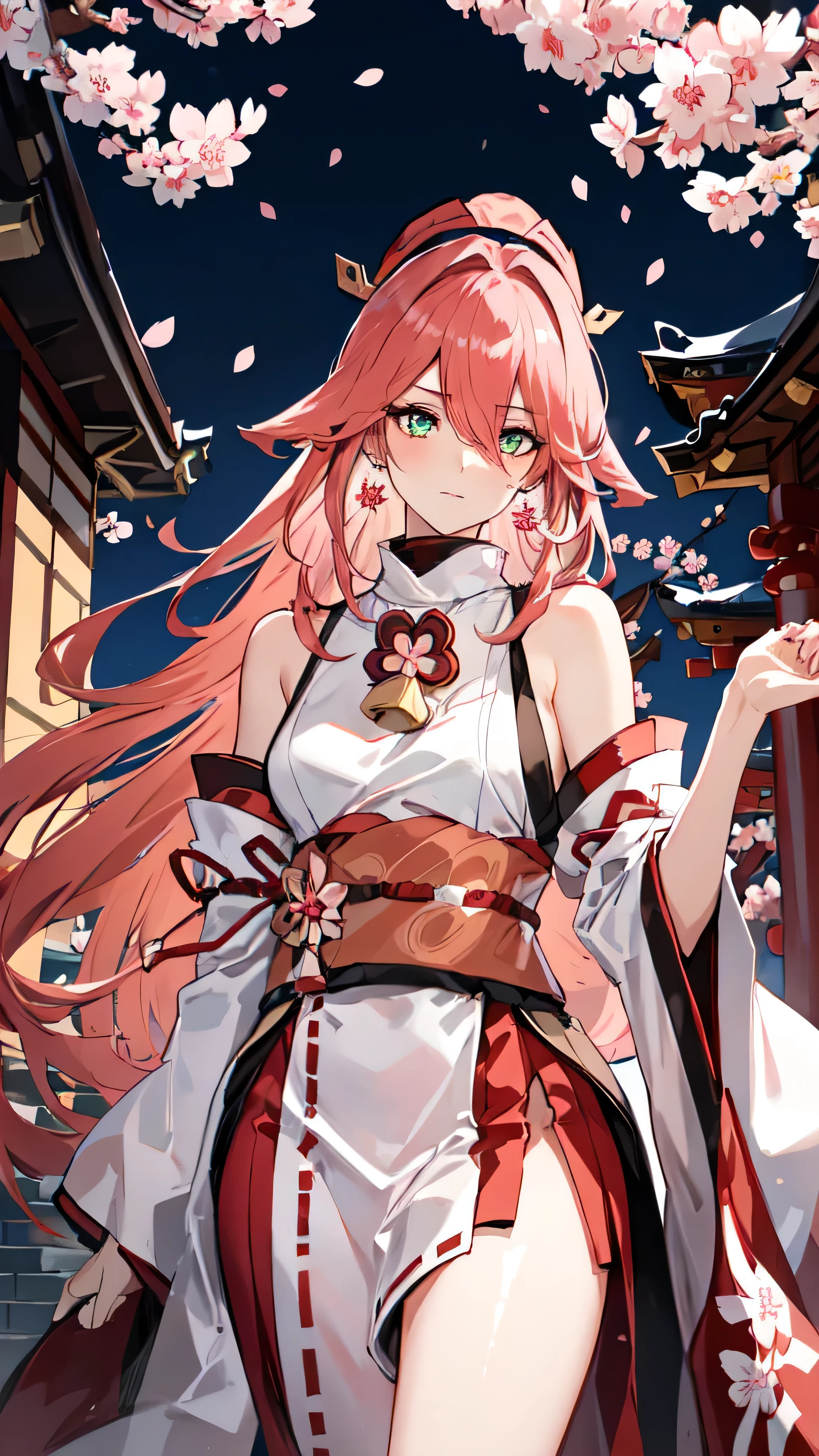 Anime girl in kimono outfit with cherry blossoms in background - SeaArt AI