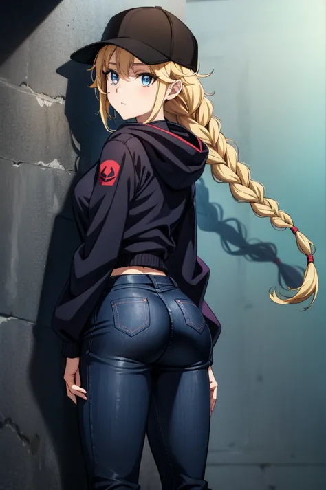 a anime style picture a female in pants standing behind a wall with spider webbing, 1girl, solo, braid, hat, blue eyes, blonde h...