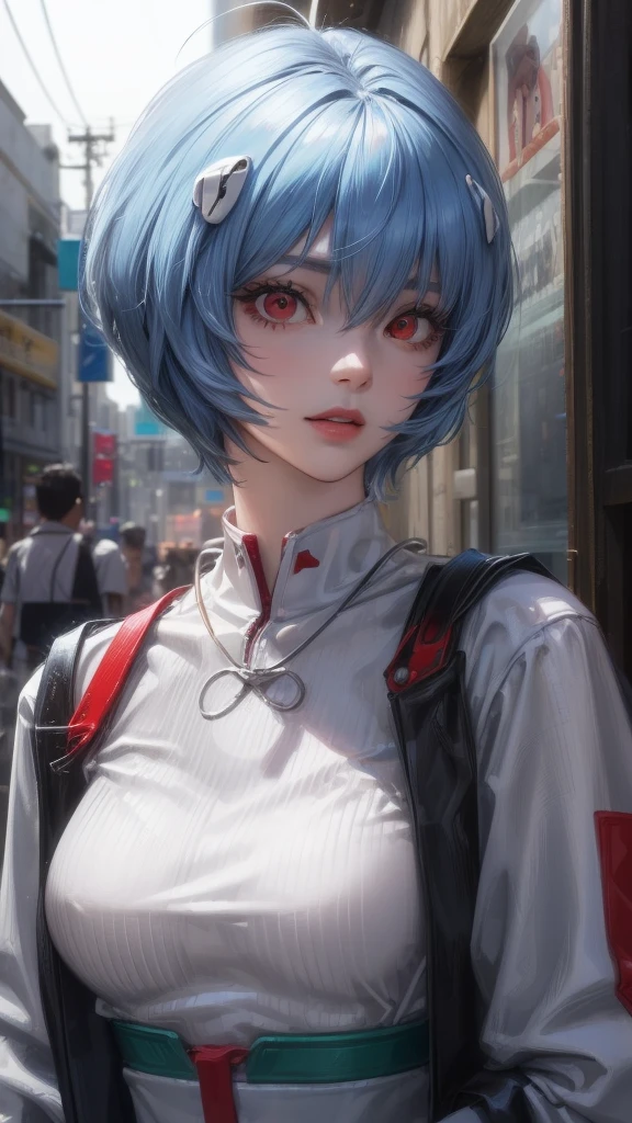 reiayanami, rei ayanami, blue hair, short hair, (red eyes:1.5), ultra realistic, REALISTIC, Ultra detailed, More detailed, Japan city scenaries. Random scenaries japan, Casual Outfit, BREAK outdoors, city, BREAK looking at viewer, BREAK (masterpiece:1.2), best quality, high resolution, unity 8k wallpaper, (illustration:0.8), (beautiful detailed eyes:1.6), extremely detailed face, perfect lighting, extremely detailed CG, (perfect hands, perfect anatomy),