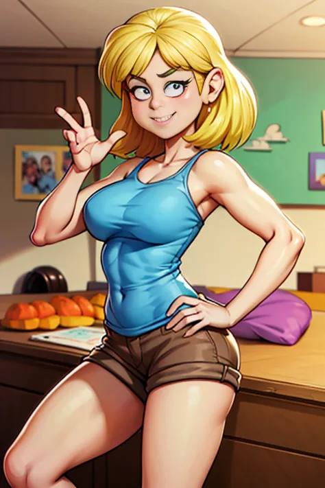 ""loriloud - blue tank top, brown shorts, posing for playboy magazine" masterpiece, sexy cartonn, beautiful cartoon, insanely de...