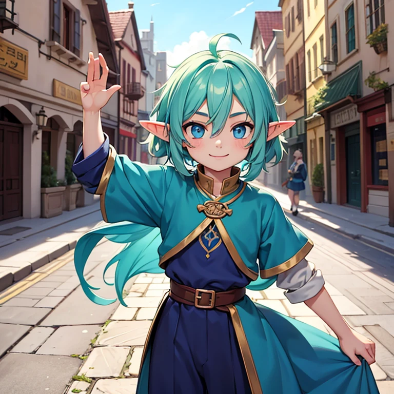 Beautiful, high quality, an elf boy around 15 years old, twink body, blue eyes, cute face, messy jade hair, looking at the camera, smiling, wearing a medieval style clothes, stand in a middle of street