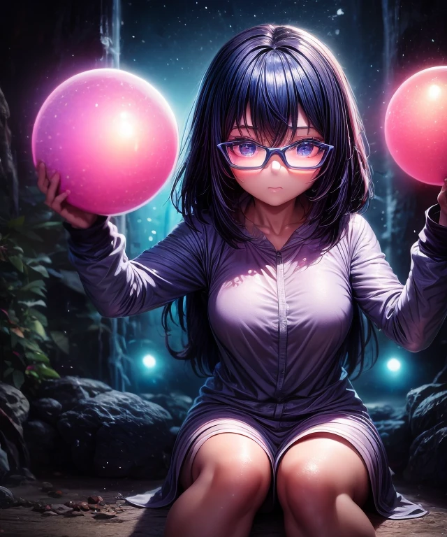 ((1 Mädchen)), Anime-Serie, kurzes dunkles Haar, dunkle Haut, glänzende Brillengläser, Mund geschlossen und ausdruckslos, Sitzung, mit ihren Händen, die eine leuchtende Kugel halten, während zwei andere leuchtende Kugeln sie umkreisen.
