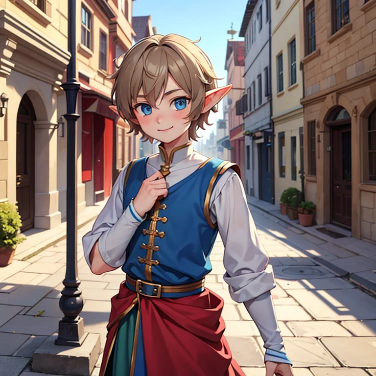 Beautiful, high quality, an elf boy around , twink body, blue eyes, cute face, messy hair, looking at the camera, smiling, wearing a medieval style clothes, stand in a middle of street