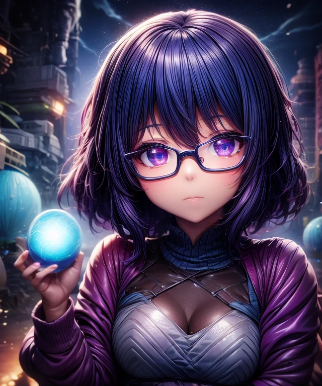 ((1girl)), anime, short dark hair, dark skin, shiny glasses lenses, mouth closed and expressionless, sitting, with her hands holding a glowing orb while two other glowing spheres orbit around her.