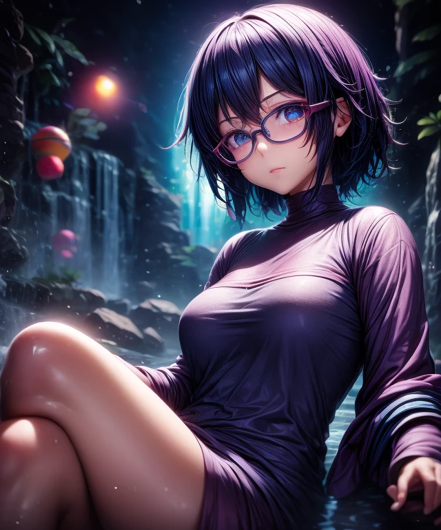 ((1girl)), anime, short dark hair, dark skin, shiny glasses lenses, mouth closed and expressionless, sitting, with her hands holding a glowing orb while two other glowing spheres orbit around her.