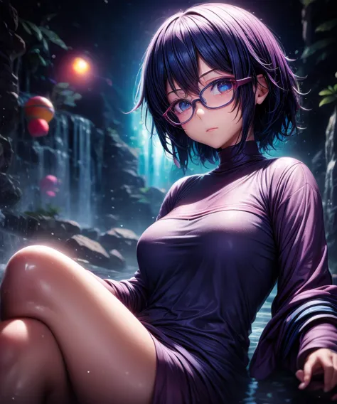 ((1girl)), anime, short dark hair, dark skin, shiny glasses lenses, mouth closed and expressionless, sitting, with her hands hol...