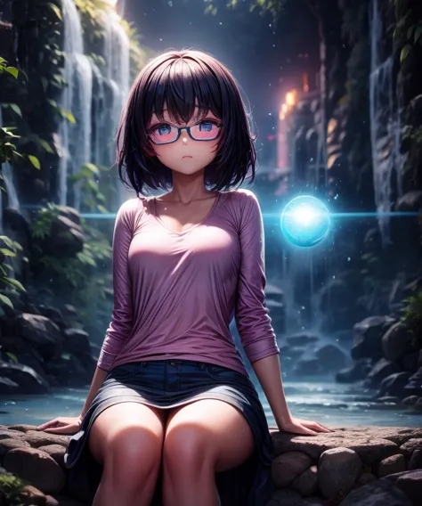 ((1girl)), anime, short dark hair, dark skin, shiny glasses lenses, mouth closed and expressionless, sitting, with her hands hol...