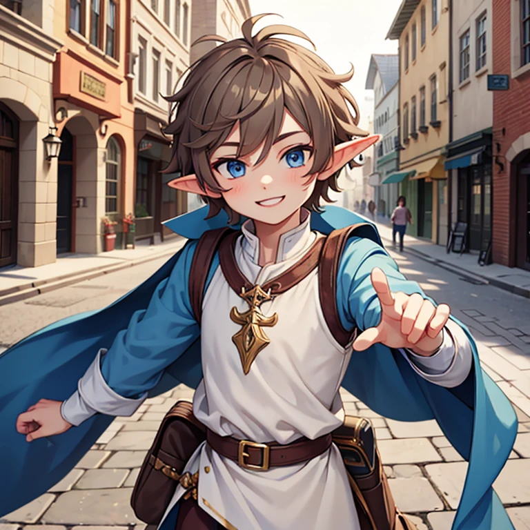 Beautiful, high quality, a  elf boy, twink body, blue eyes, cute face, messy hair, looking at the camera, smiling, wearing a medieval male style clothes, stand in a middle of street