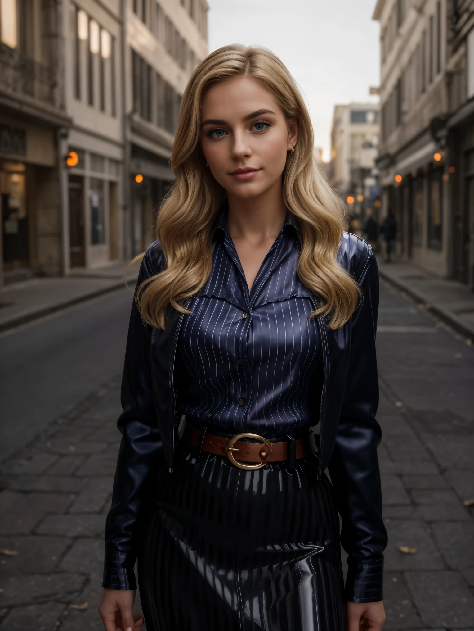 full body photo, gorgeous blonde woman, a librarian, professional hairstyle, cleavage, blue eyes, high arched eyebrows, (professional silk blouse with stripe pattern:1.3), (long pvc pencil skirt with big belt:1.2), (crop leather jacket:1.15), backlight on hair, shallow depth of field, facing the camera, hi-res, 8k, cinematic light, smile, in a abandoned city at night, amber twinkle lights in background, romantic lighting, beautiful flowers surround her, surreal