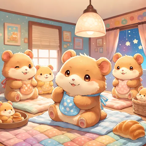cuteAn illustration,hamsterベーカリー,hamsterの親子:animal:cute:Get close:sleep:Comfortable and warm:looks happy,An illustration,pop,colorfulに,color,dim,Lamp light,hamsterの親子が眠っています:dream happy dreams,The room is warm and full of happiness.,,colorful,Fancy,Fantasy...