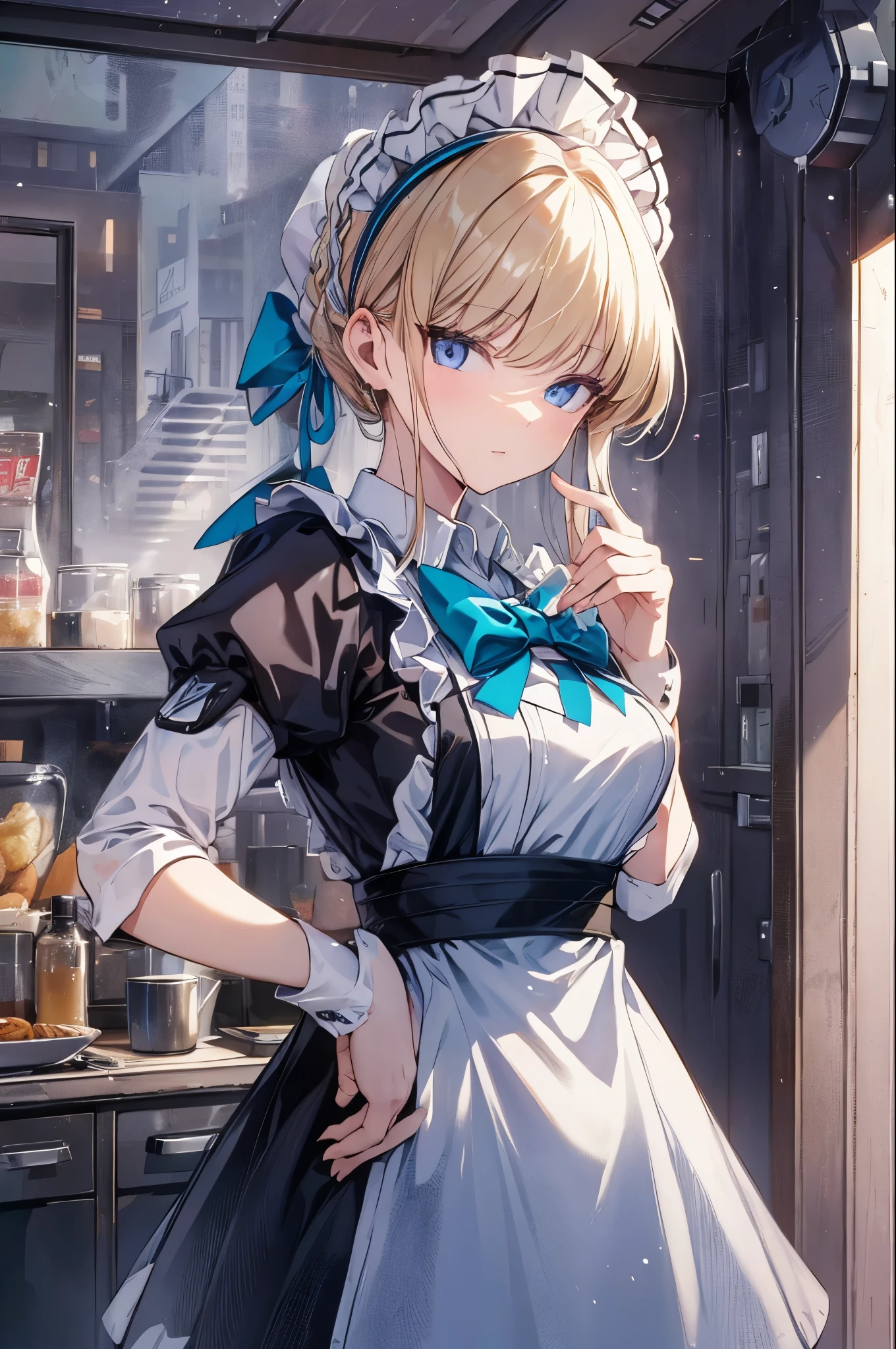 (cowboy shot:1.3),blonde hair,halo,blue eyes,tokidef, maid, maid headdress, maid apron, blue bow,masterpiece,Noise Reduction,perfect anatomy,high resolution, ultra-detailed,game cg,dutch angle ,beautiful detailed eyes,visualart,five fingers, perfect hands, perfect lighting,