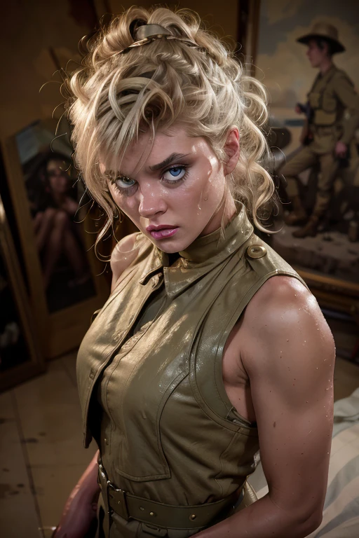 1girl, 1944, sexy female soldier, blonde hair, military, blue eyes, dirty face, (messy hair), ponytail, military clothes, bulletproof vest, shoulder pads, looking at viewer, serious, close up, WW1, bright lighting, high quality, masterpiece, scared, ((crying:1.3)), ((after a rape)), captured by enemies, ((after been raped by enemy soldiers)), on bed