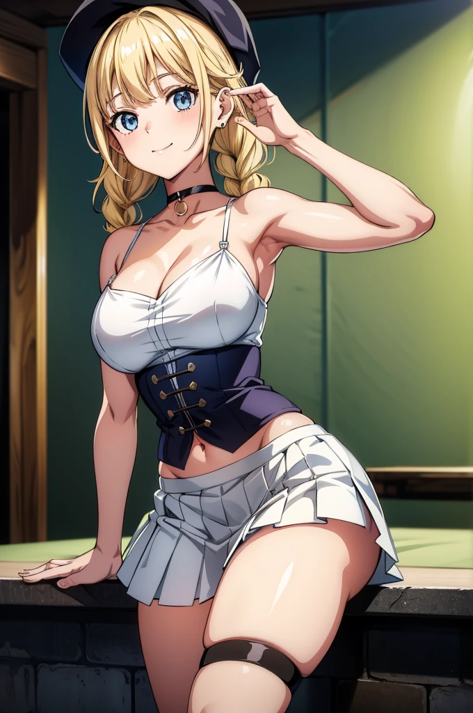 an anime style girl with blonde bangs in tight white shirt and black panties posing on ledge, 1girl, breasts, solo, jewelry, skirt, blue eyes, navel, blonde hair, choker, looking at viewer, smile, long hair, earrings, white skirt, black choker, cleavage, thigh strap, pleated skirt, large breasts, braid, midriff, skindentation, arm warmers, bare shoulders, collarbone, twin braids, crop top, hat,baseball cap
