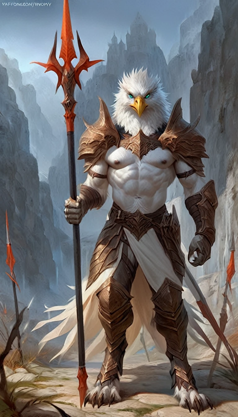 Anthro male eagle knight holding a weapon spear, illustration, solo, serious expression, masterpiece, best art, full body, by laobai, by taran fiddler, by honovy, detailed eyes, detailed body, claws, tall, topless, pecs, abs, nipples, pauldrons, 