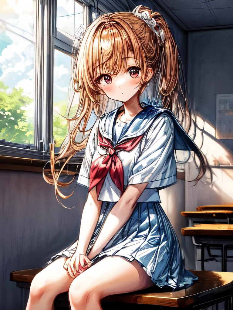 Create an image of a sitting girl, sailor suit, classroom, A person leaning on their hand and staring at you with a thoughtful expression. The image should capture the essence of summer, The girl should be in a typical summer pose, with a high-contrast effect and a subtle glow. The upper part of the screen should have a darker tone, gradually transitioning into a brighter tone towards the bottom.A beautiful scene of fluffy cumulus clouds entering through the window in the background.