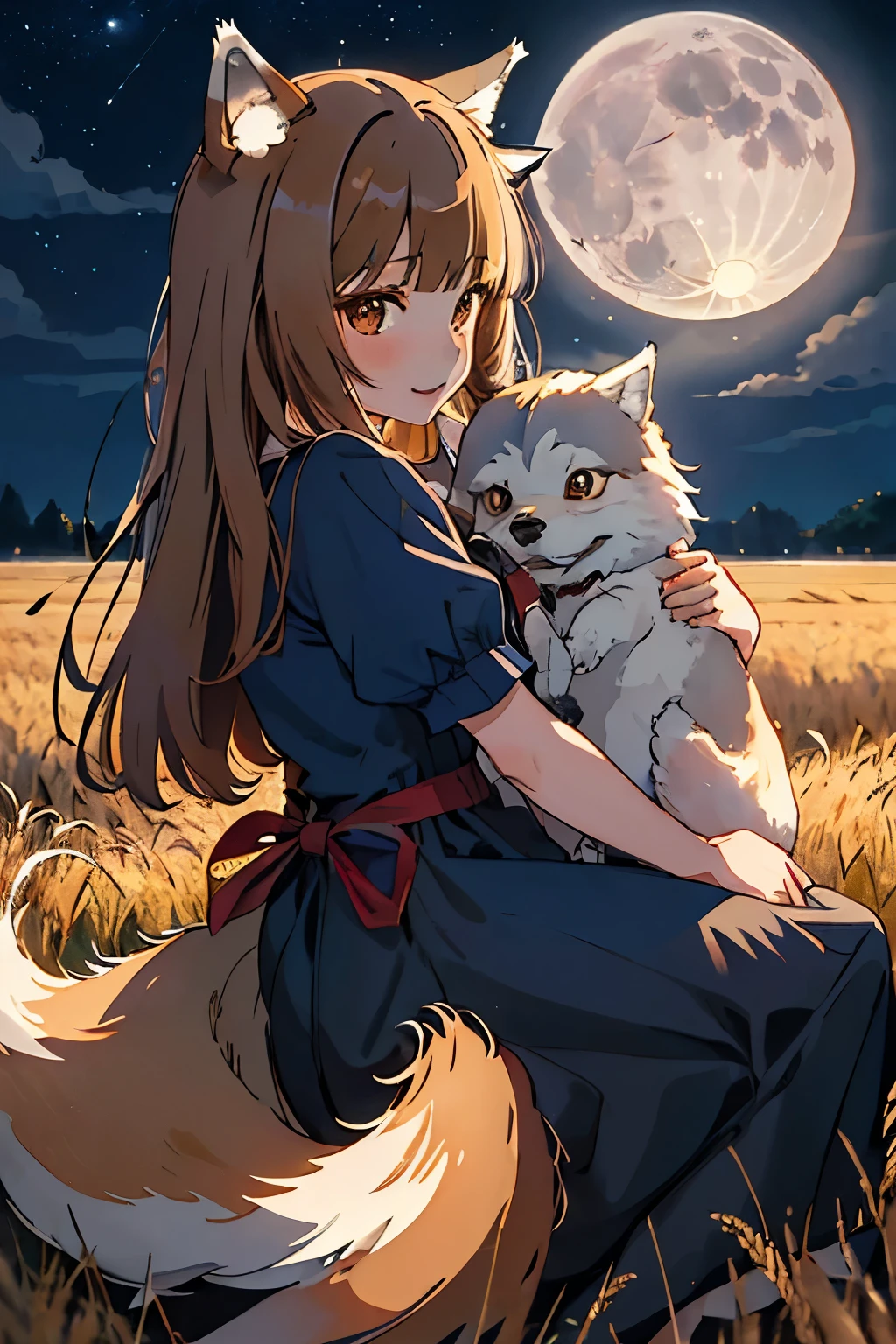 highest quality、High resolution、1 girl、alone、holo、Canine、tooth、(Aligning bangs、Light Brown Hair、Wolf Ears、One Tail、holo、Navy Blue Dress、Wheat field at night、full moon、(It has a big tail)