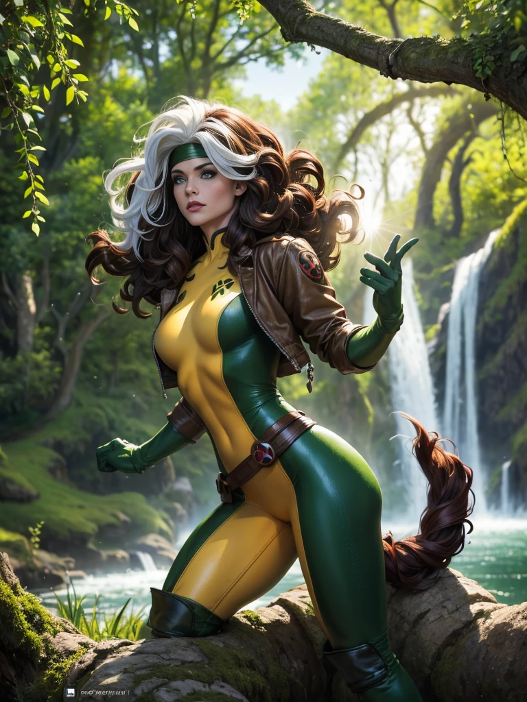 (masterpiece:1.0), (best_quality:1.2), Classic Rogue, 1991 Rogue X-Men, 1 girl, Only, full body view, medium length hair, brown hair, wavy hair, messy hair, one lock of white hair, headband, green eyes, mischievous look, smirking, parted lips, curvy figure, medium breasts, lipstick, makeup, jacket, gloves, belt, yellow gloves, green bodysuit, multicolored bodysuit, skin tight, open jacket, headband, multicolored clothes, Looking at the Viewer, hand on hip, proud stance, sunlight, sunrays, light source from the side, (realism: 1.5), (Realistic: 1.4), (Absurdity:1.4), 8k, ultra-detailed, Detailed Beautiful Woman, (only:1.4), 1girl, background of natural area, waterfall, willow trees, official art, extremely detailed CG unity 8k wallpaper, perfect lighting, Colorful, ultra high res, photography, 8K, HDR, Kodak portra 400, film grain, blurry background, (bokeh:1.2), lens flare, (vibrant_color:1.2), professional photograph