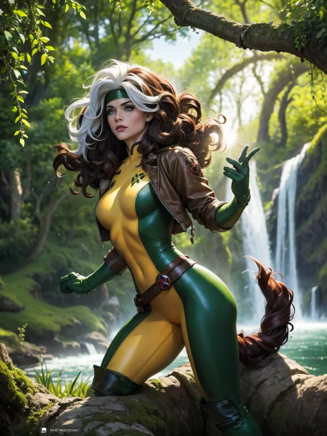 (masterpiece:1.0), (best_quality:1.2), Classic Rogue, 1991 Rogue X-Men, 1 girl, Only, full body view, medium length hair, brown ...