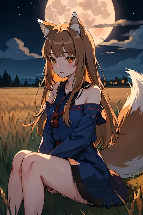 highest quality、High resolution、1 girl、alone、holo、Canine、tooth、(Aligning bangs、Light Brown Hair、Wolf Ears、One Tail、holo、Navy Blu...