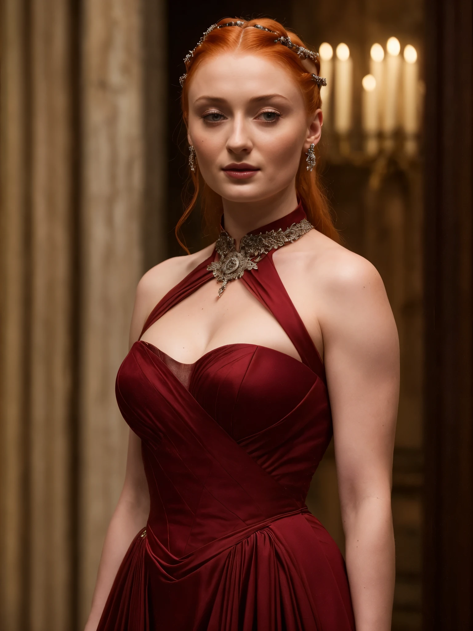 Face of Sophie Turner, Sansa Stark played by Sophie Turner, the de facto Lady of the Eyrie, is a 40-year-old mature queen with a stunning, alluring appearance. Full Face, pierced eyes, reddish lips, upper body shot, erotic Mediaeval costumes, game of thrones costumes, She wears a Game of Thrones-inspired costume and has a deep cleavage, a perfect thick body, and a perfect thick figure. The photograph captures her in a close-up, with her skin texture and facial features being ultra-realistic and realistic. Juicy thick figure, high quality skin, Skin pores, amazing details, 