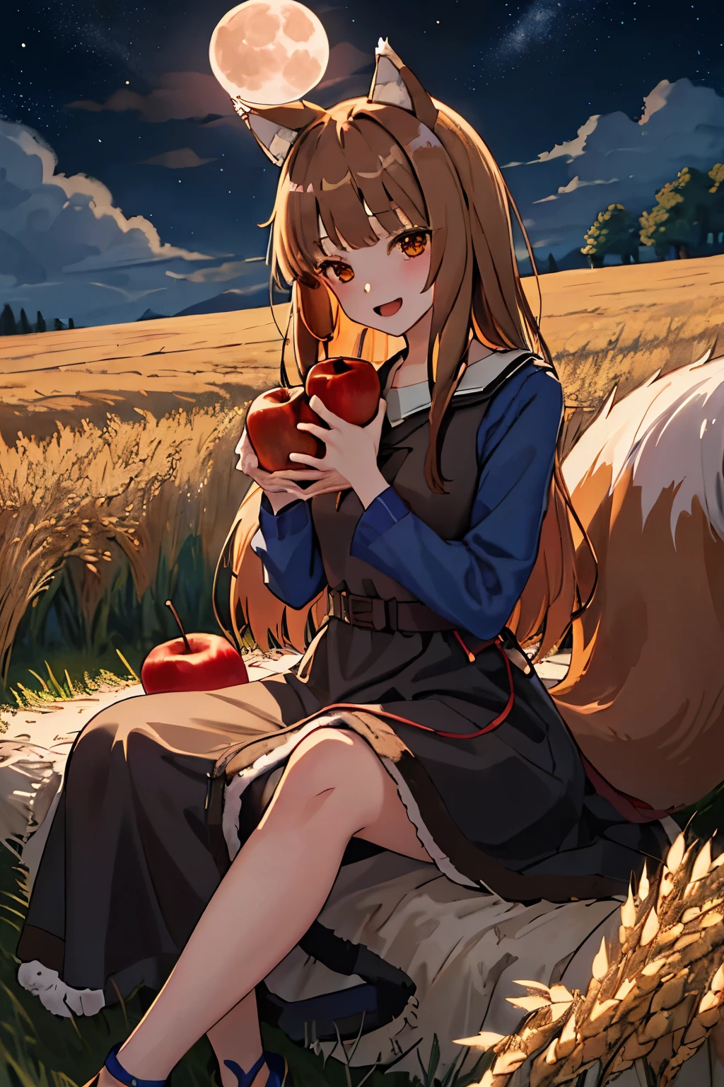 Anime girl sitting in a field with an apple and a cat - SeaArt AI