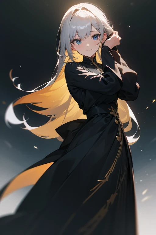 A young fantasy woman in the anime style, white long hair straight and very detailed, she has light eyes of a slightly gray color and the clothes are a black slim dress with gold elements, she is standing and the background is black, she is all dressed up, sharp lines, the light will shine on her with mountains, strong lines and lines, holds his hands behind his head, Cinematic Lighting, 8k, full colored, masterpiece, best quality, plump looking at the camera,
