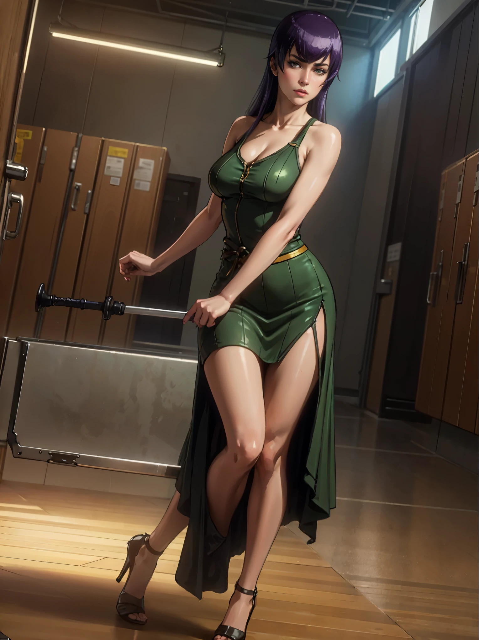 Very detailed, high quality, masterpiece, beautiful, saeko, long legs, 1 hand with wooden sword, 1 hand between the legs, long dress, avierto dress, long purple hair, high school dress, medra sword, sword in hand, full body, wide shot, gym, lockers, alone, closed room, style, (erotic atmosphere), very detailed, high quality, masterpiece, beautiful, 1 girl, standing, seen from below, prosthesis, sexy saeko, skirt, skirt moving, sword pointing, brown and green dress, full body, (best quality)), ((masterpiece: 1.2) ), (extremely detailed: 1.1), (8k, high quality, cinematic, hyper-realistic, illustration), (autodesk maya, octane rendering, unreal engine, game character, ray tracing, hdr), (16mm focal length, f/4 aperture, dynamic perspective, depth of field), (1 girl, dynamic angle , casting pose. saeko, big breasts and small hips, hidden masturbation, looking at the viewer, red cheeks, high heels, long open skirt, visible breasts and vagina, gym, benches and lockers around her), 3d, realistic, CG , 3D model, beautiful, elegant, safe (hdri, bloom, edge lighting, soft lighting, discreet.  ), zhongfenghua, delicate\(sex\)