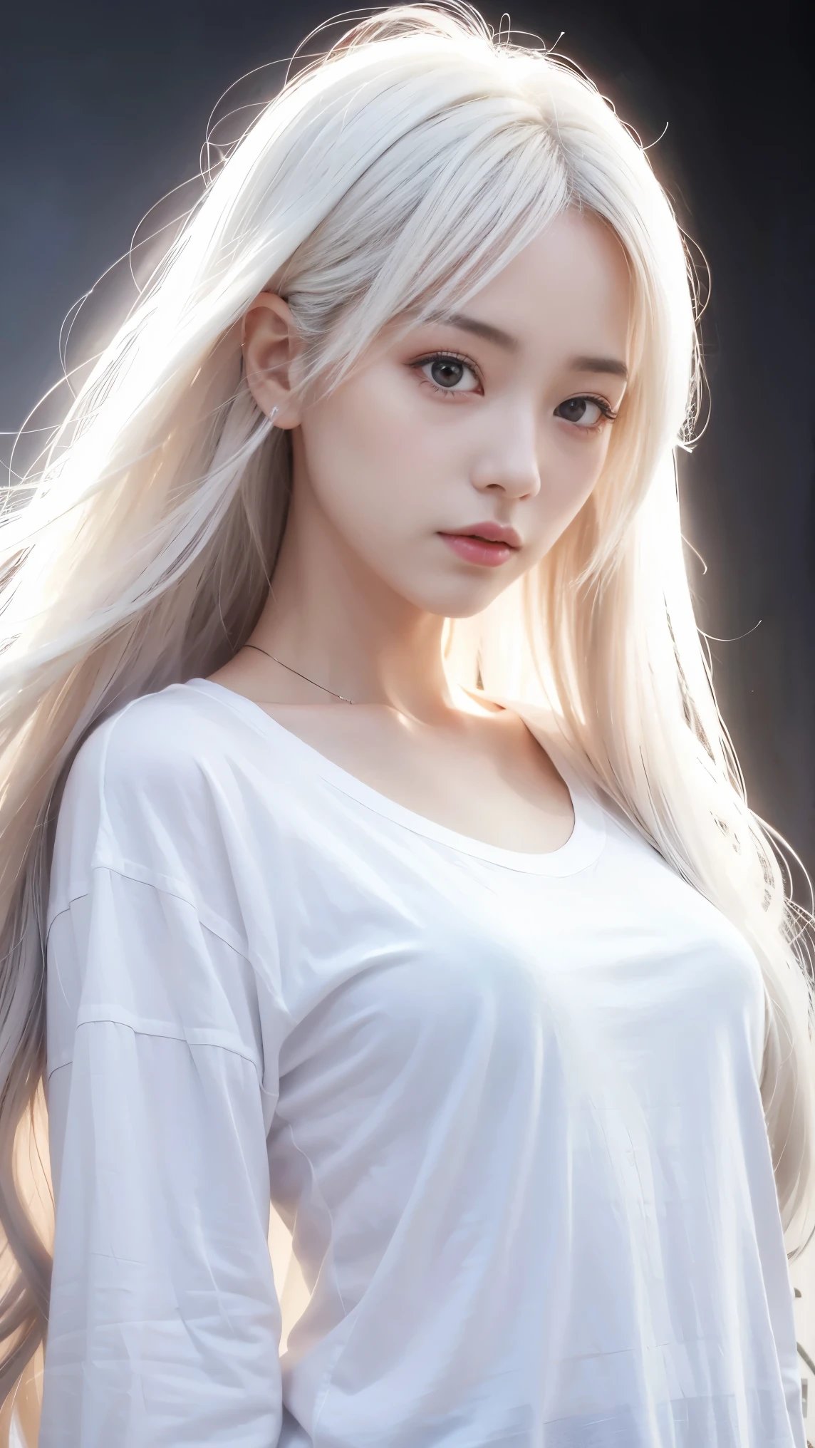 A girl, long white hair, red face, blush, eyeliner, silkworm, long hair, jewel-like eyes, (white T-shirt: 1.5), (laser gradient jacket), laser style hair, HD picture quality, realistic texture, high detail, contour light