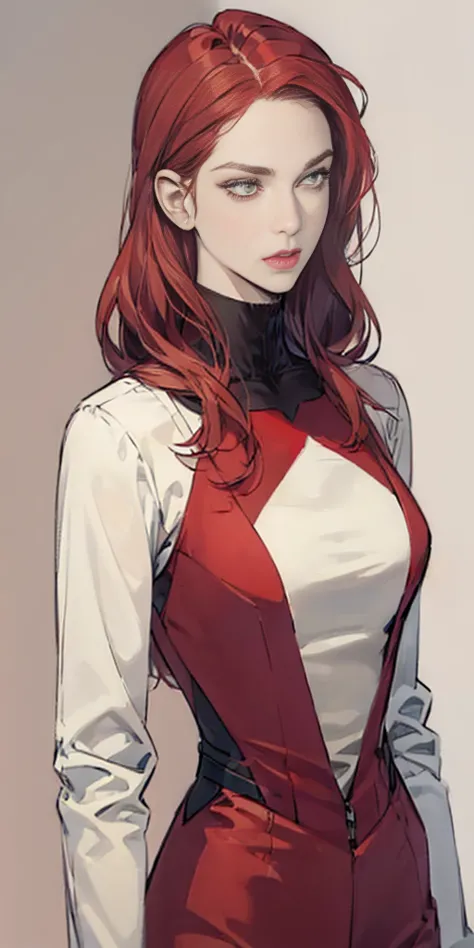 ((plain background 1:2)) beautiful tall lady with red hair and yellow eyes super realistic and well designed suit outfit