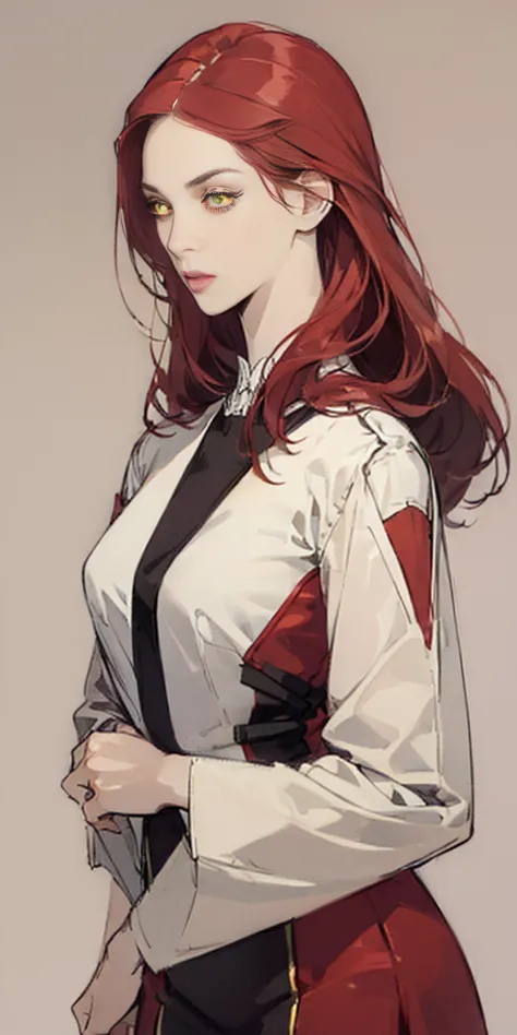 ((plain background 1:2)) beautiful tall lady with red hair and yellow eyes super realistic and well designed suit outfit