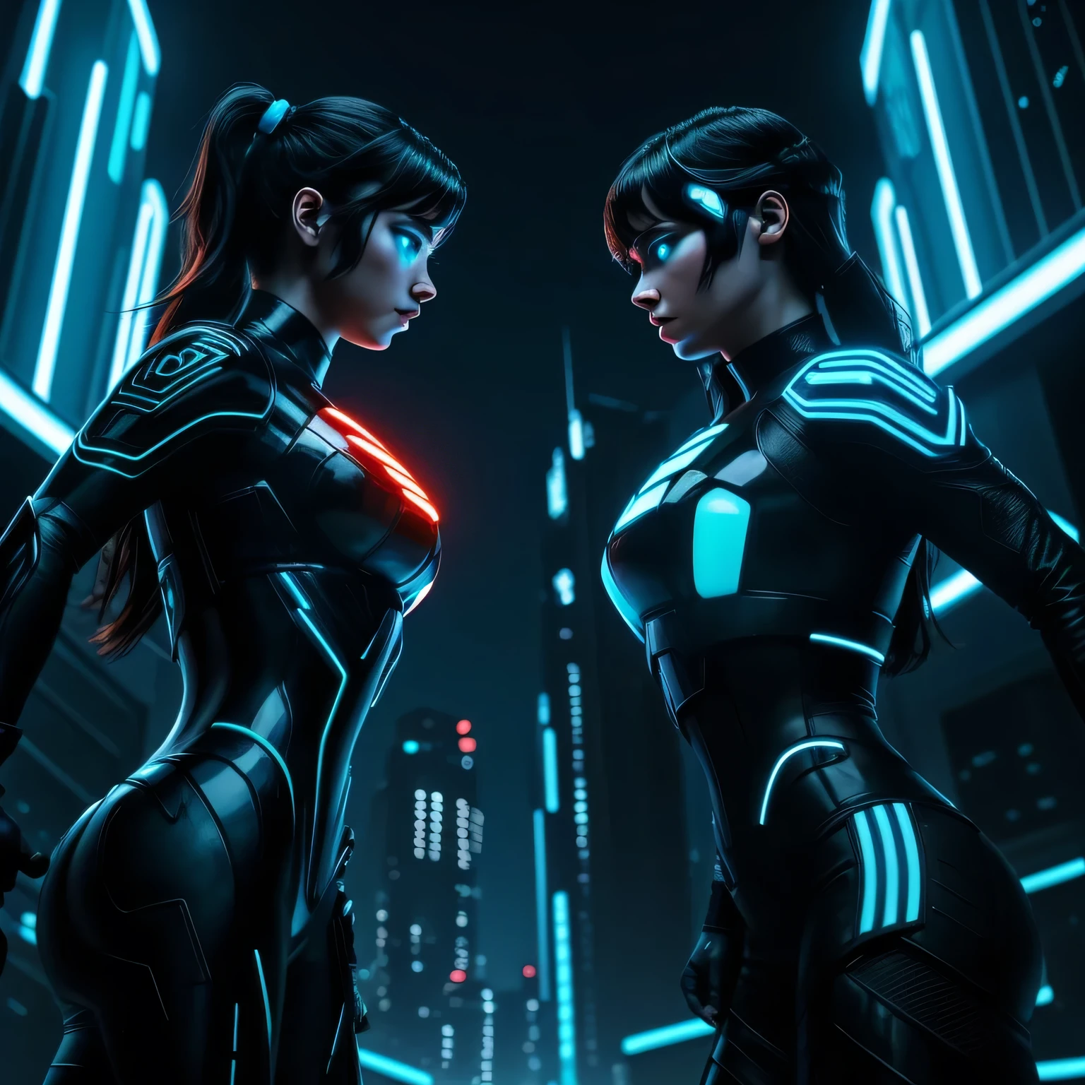  Tron legacy girls,  girl vs girl, grid battle, power pose, blue vs orange, neon lights , dark lighting, dystopian setting, photorealistic, ultra high quality, depth of field, ((tron fighting grid)) areal view, sfw