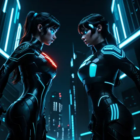 tron legacy girls,  girl vs girl, grid battle, power pose, blue vs orange, neon lights , dark lighting, dystopian setting, photo...