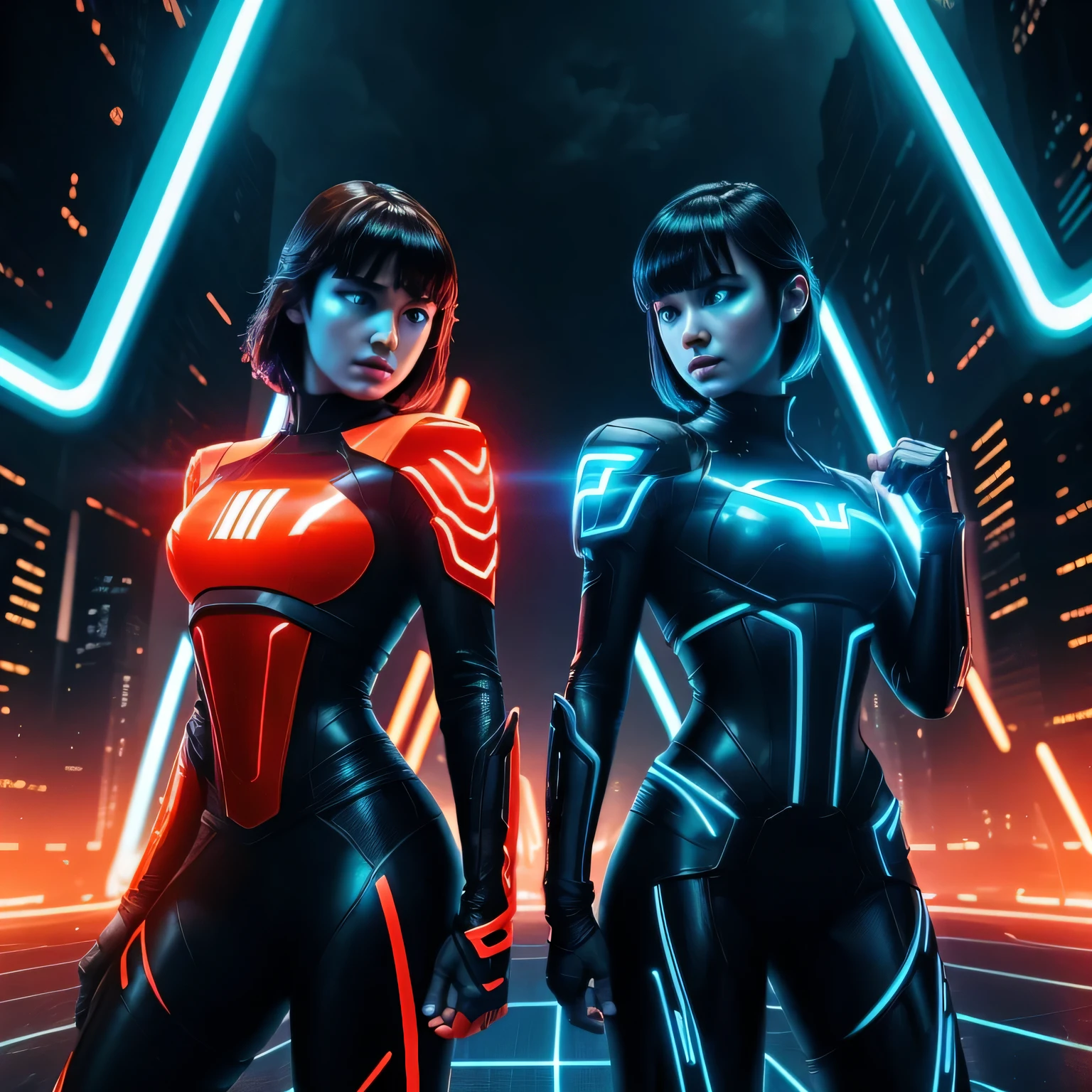  Tron legacy girls,  girl vs girl, grid battle, power pose, blue vs orange, neon lights , dark lighting, dystopian setting, photorealistic, ultra high quality, depth of field, ((tron fighting grid)) areal view, sfw