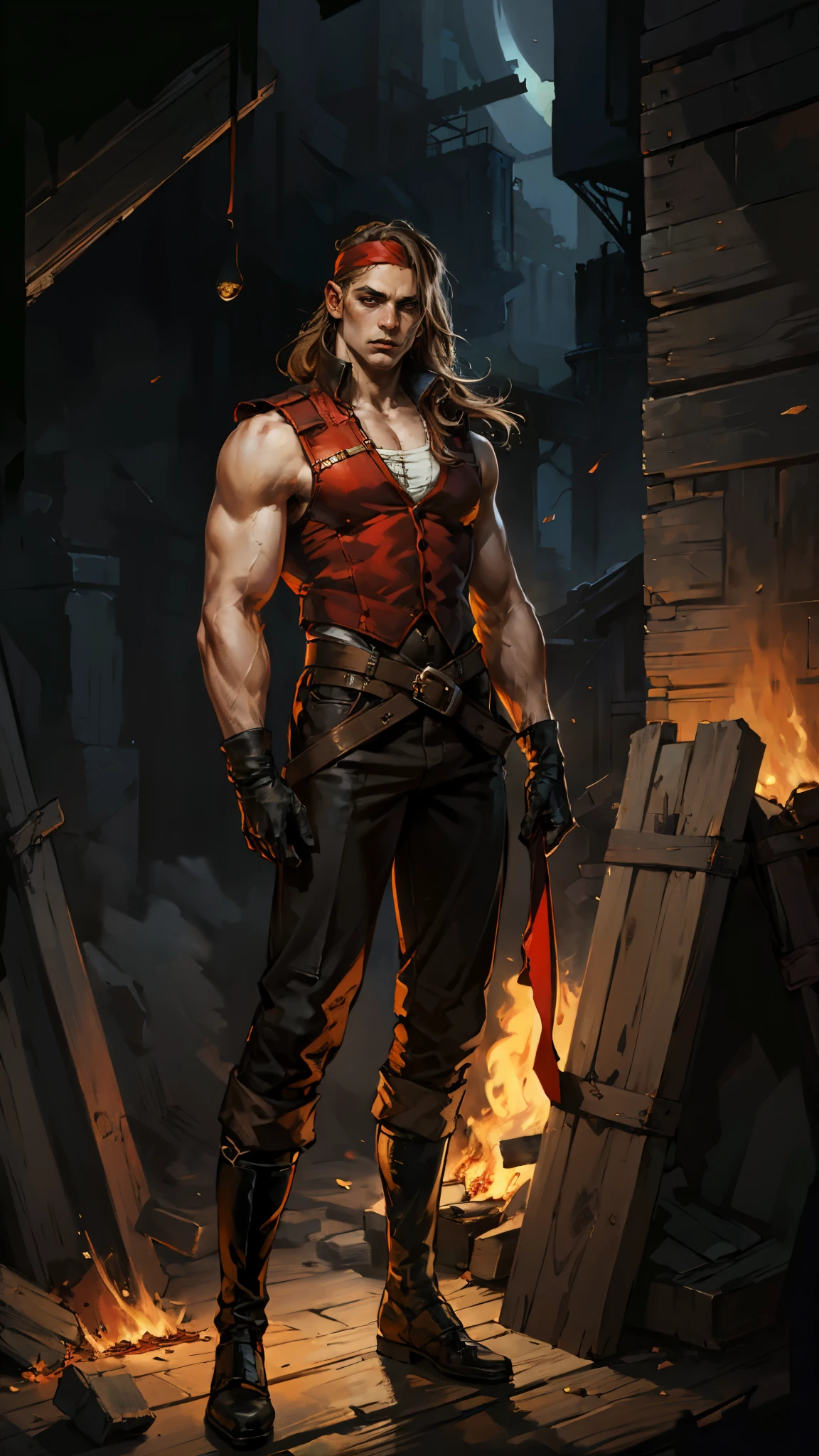 A young man with thick chestnut-brown long hair, a red headband adorned his forehead, devoid of eyebrows, triangular eyes, a square face, proud expression, robust and muscular physique, a fantasy-style tight-fitting open-chest vest, gloves, a ragged cloth tied around his waist, white utility trousers, his raised right fist surrounded by crimson flames, stands amidst boundless wilderness, this character embodies a finely crafted fantasy-style rogue in anime style, exquisite and mature manga art style, high definition, best quality, highres, ultra-detailed, ultra-fine painting, extremely delicate, professional, perfect body proportions, golden ratio, anatomically correct, symmetrical face, extremely detailed eyes and face, high quality eyes, creativity, RAW photo, UHD, 32k, Natural light, cinematic lighting, masterpiece-anatomy-perfect, masterpiece:1.5