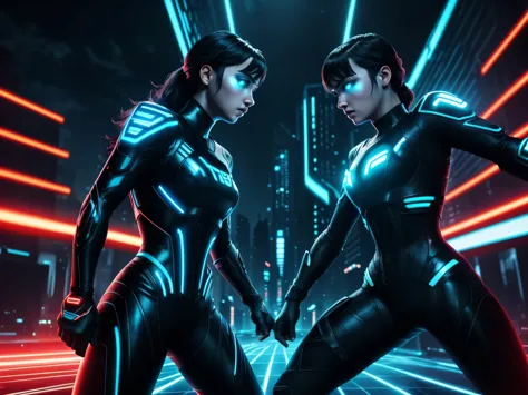  Tron legacy girls,  girl vs girl, grid battle, power pose, blue vs orange, neon lights , dark lighting, dystopian setting, phot...