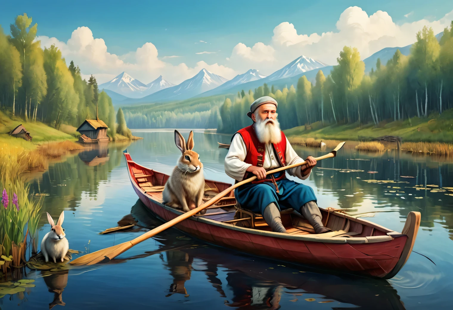 漂浮的, 儿童杂志插图风格的图像, 湖上漂浮着一艘船, 一位 70 岁左右的斯拉夫胡须男子穿着朴素的俄罗斯农民服装，在船上划桨, 5 只野兔坐在船上四处张望, 高清, 鲜艳的色彩, 卡通化