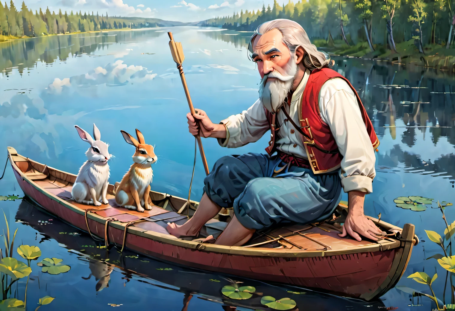 フローティング, 子供向け雑誌のイラスト風の画像, 湖に浮かぶボート, 70歳のスラブ人のひげを生やした男性が、ロシアの素朴な農民服を着てボートに乗り、オールで漕いでいる。, 5匹のウサギがボートに座って周りを見回しています, 高解像度, 明るい色, 漫画っぽさ