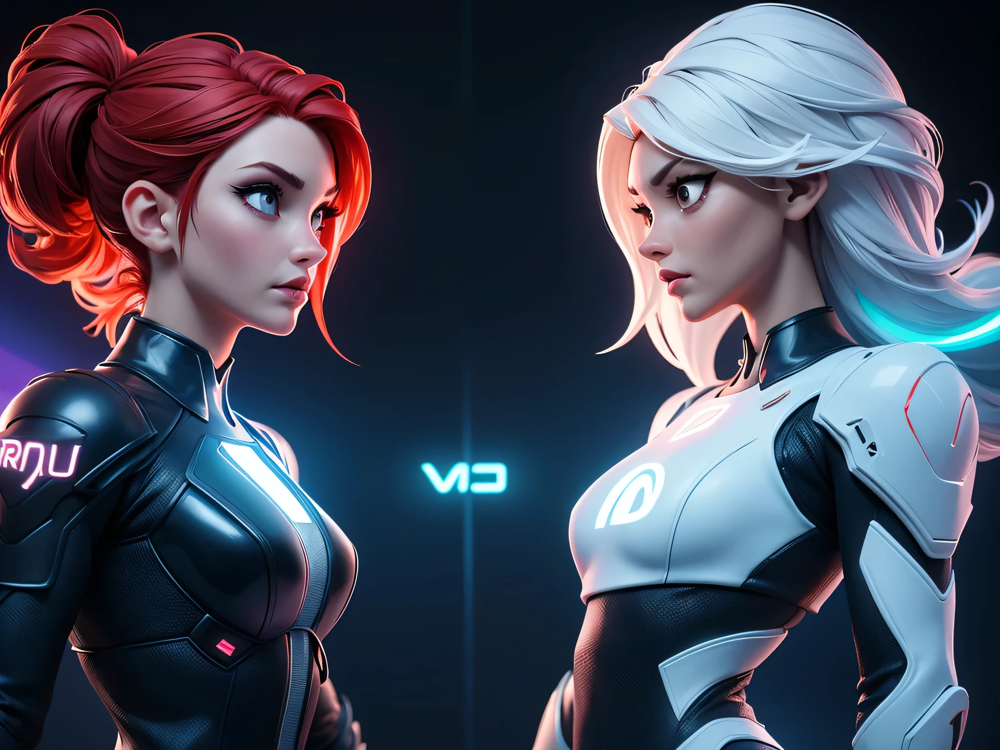  Tron legacy girls, red haired girl vs white haired girl, grid battle, power pose, blue and white neon lights , dark lighting, dystopian setting, photorealistic, ultra high quality, depth of field, areal view, (tron battle grid), sfw