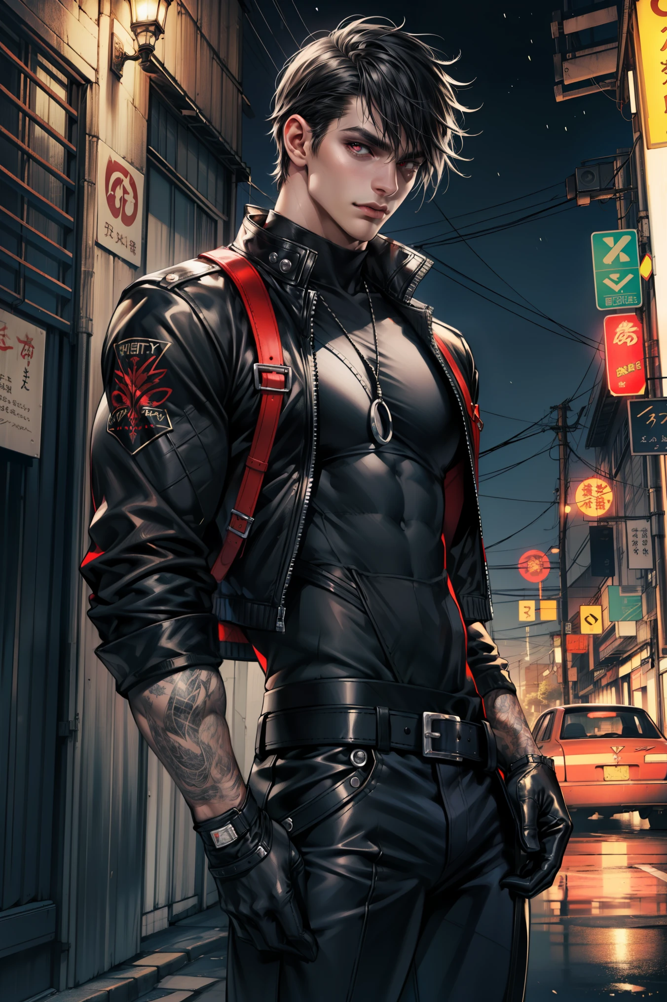 (masterpiece, higres, best quallity), (((solo))), a mature male with long short hair and red eyes, long black hair, (((pale skin))), red eyes, shoulder strap, jacket, black T-shirt, black leather gloves, black mercenary pants, ((perfect male body)), perfect face, ((masculine)), mature male, adult, 1man, night neon city, modern, background, outdoor scenery, serene, symmetry, detailed outfit, pixiv, sharp-focus, photorealistic, super detail, cowboy shot,