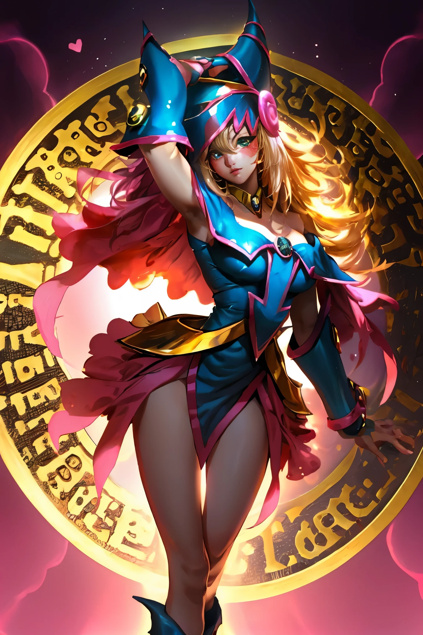 Dark magician gils vestida como la diosa arena de Saint Seiya. Vestido blanco, ajustado, blanco. Cabello rubio. Ojos azules. Labios rojos. Cuerpo completo. Fondo de Athena. Pose sensual y inocente. Magic circle around you. Magic of the heart in the air. 