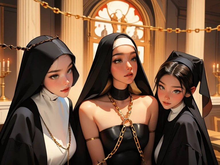 Masterpiece, dynamic shot, ((3 females)), A picture of 2 beautiful succubus girls and 1 sexy nun on a leash, ((2 demon girls and a nun)), nun, demons, beautiful demon girls, horror, dark, sexy, rough domination, domination, nun on a leash, bdsm, golden chains, (golden leash), collar, beautiful bodies, slim, horror style, highly detailed faces, red silk underware, stockings, leather tight boots, closeup