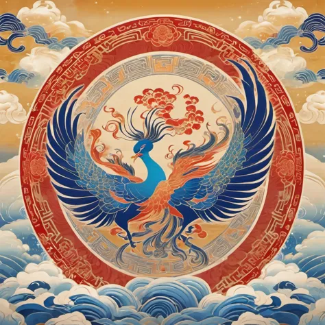 Dunhuang art style illustration,Nine-colored phoenix surrounded by auspicious clouds，Magnificent ,（Phoenix shining star：1.36） St...