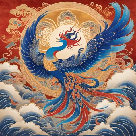 Dunhuang art style illustration,Nine-colored phoenix surrounded by auspicious clouds，Magnificent ,（Phoenix shining star：1.36） St...