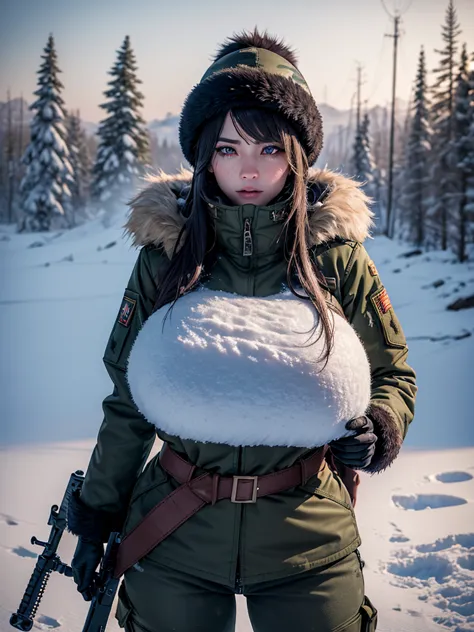 (best quality,4K),(Best details),(ultra realistic),Kai'sa,russian soldier,winter,snow storm,russian hat,sunglasses,beautiful,sol...