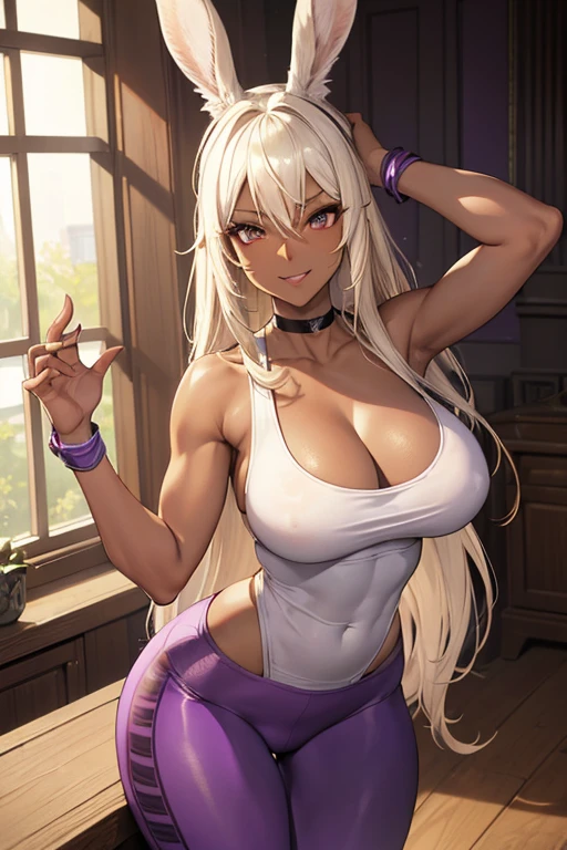 (masterpiece), best quality, highly detailed faces, (SHARP details), 4k, highly detailed, expressive eyes, SHARP detail expressive eyes, (SHARP detail perfect face), ((dark skin)), (bunny ears), (viera), ((platinum blonde hair)), (choker) amber eyes, long and wild hair, (mature woman), (big breasts), smiling, toned body, standing, (wearing white tank top), ((wearing purple yoga pants)), ((solo)), wide hips, (((view from front))), thick thighs,